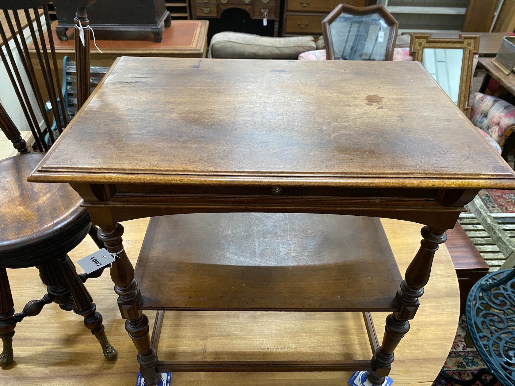 A French walnut two tier side table, Height - 75cm, Width - 75cm, Depth - 50cm